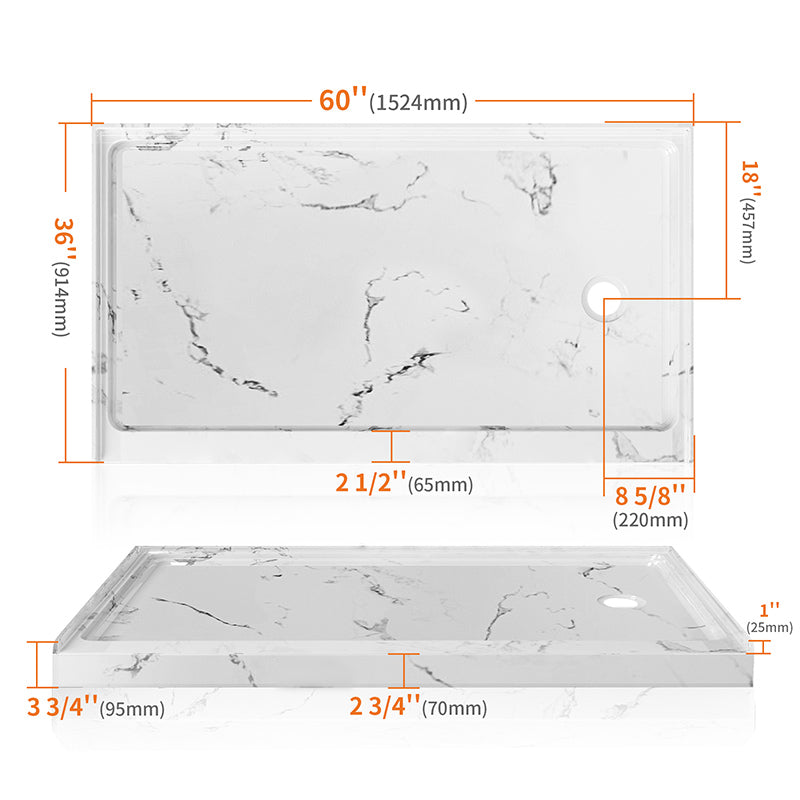 60 in. x 36 in. Alcove Shower Base with Right Drain, Low Profile Slip Resistant Acrylic Fiberglass Shower Pan, Available in White and Gray Marble Finishes