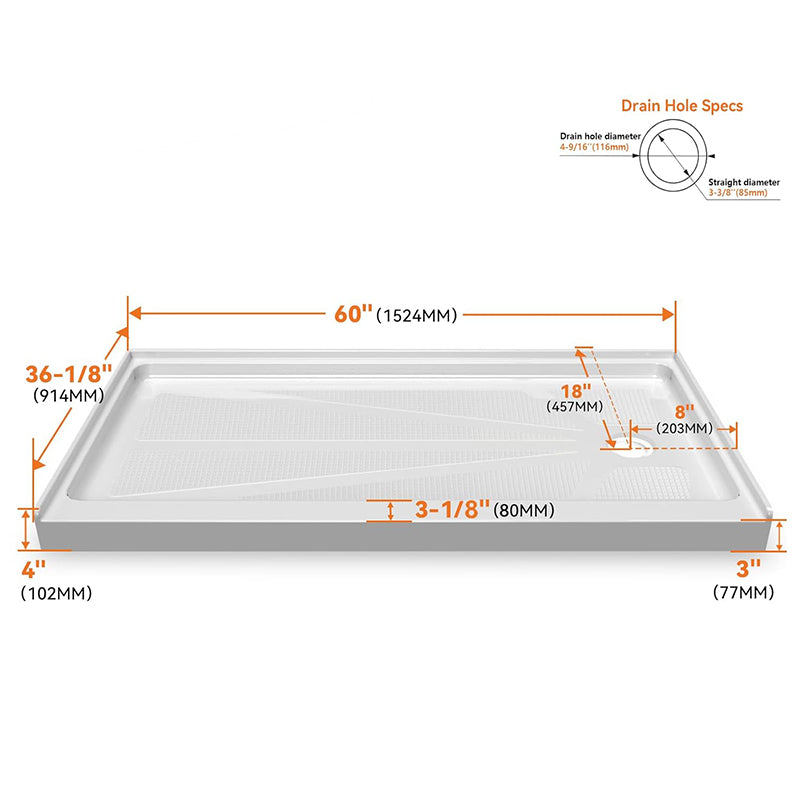 60 in. x 36 in. Alcove Shower Base with Right Drain, Low Profile Slip Resistant Acrylic Fiberglass Shower Pan, Available in White and Gray Marble Finishes