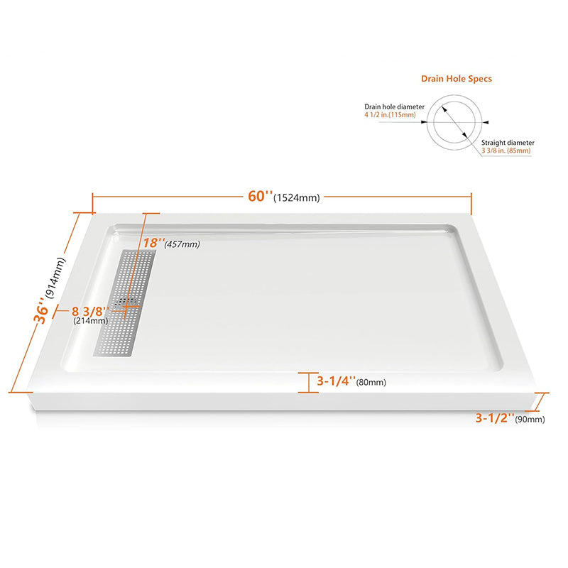 60 in. x 36 in. Shower Base with Center/Left/Right Drain, Alcove Fiberglass Shower Pan with Removable Aluminum Flange, Slip-Resistant Pre-Sloped Floor, Multiple Finish Options