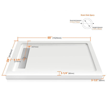 60 in. x 36 in. Shower Base with Center/Left/Right Drain, Alcove Fiberglass Shower Pan with Removable Aluminum Flange, Slip-Resistant Pre-Sloped Floor, Multiple Finish Options