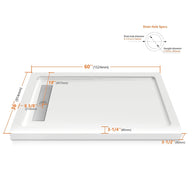60 in. x 36 in. Shower Base with Center/Left/Right Drain, Alcove Fiberglass Shower Pan with Removable Aluminum Flange, Slip-Resistant Pre-Sloped Floor, Multiple Finish Options