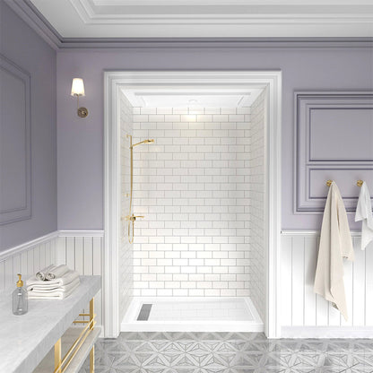 60 in. x 36 in. Shower Base with Center/Left/Right Drain, Alcove Fiberglass Shower Pan with Removable Aluminum Flange, Slip-Resistant Pre-Sloped Floor, Multiple Finish Options