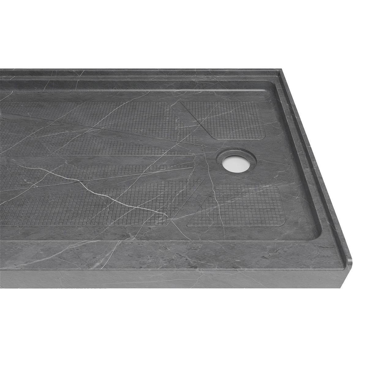 Single Threshold Shower Pan with Non-Slip Texture – Right Drain Acrylic and Fiberglass Shower Pan - Gray Marble Look
