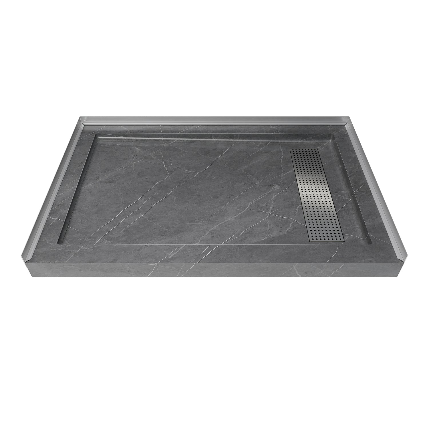 Shower Pan, with Linear Drain Cover and Reversible Drain, Pre-Sloped Acrylic and Fiberglass Shower Base with Removable Flanges, Gray Marble