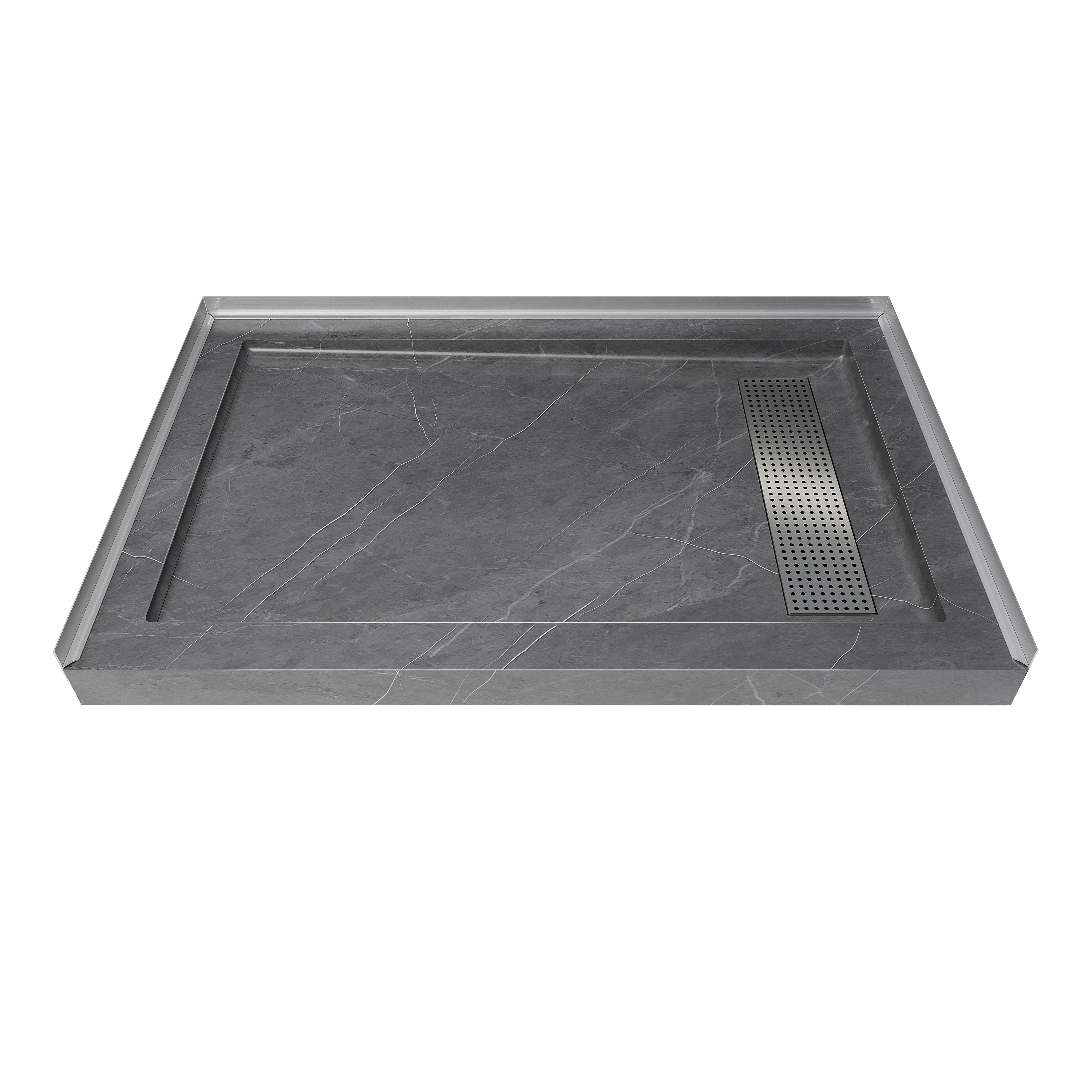 Shower Pan, with Linear Drain Cover and Reversible Drain, Pre-Sloped Acrylic and Fiberglass Shower Base with Removable Flanges, Gray Marble