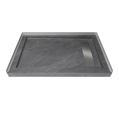 Shower Pan, with Linear Drain Cover and Reversible Drain, Pre-Sloped Acrylic and Fiberglass Shower Base with Removable Flanges, Gray Marble