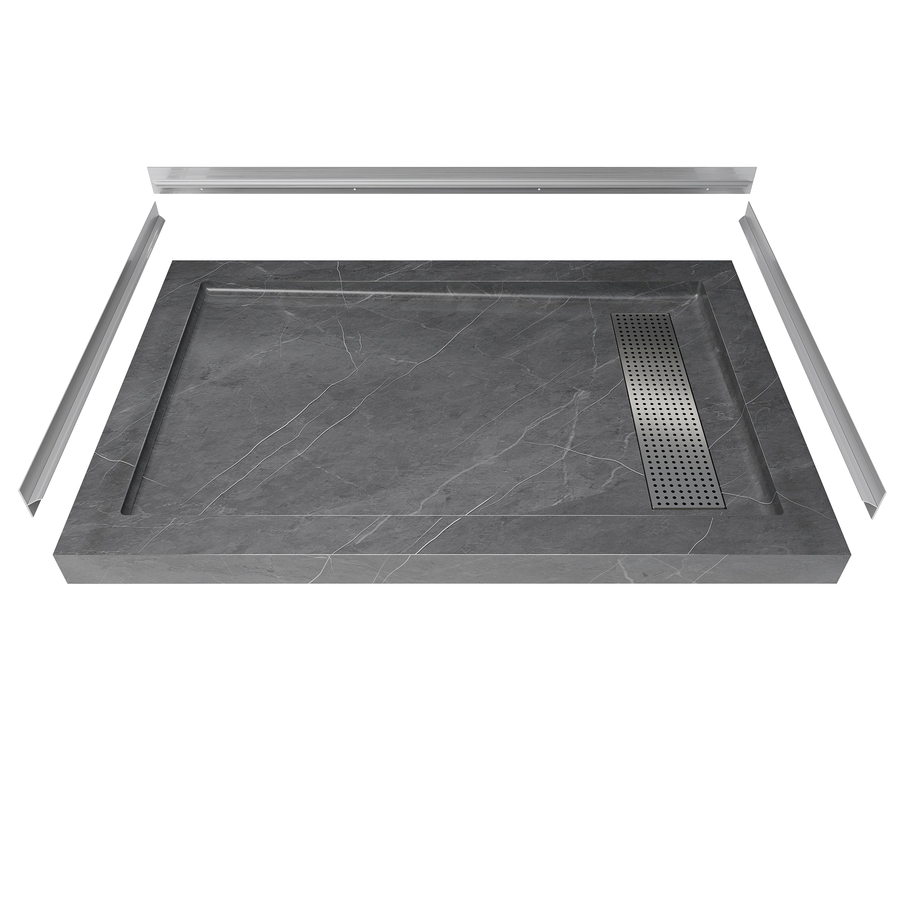 Shower Pan, with Linear Drain Cover and Reversible Drain, Pre-Sloped Acrylic and Fiberglass Shower Base with Removable Flanges, Gray Marble