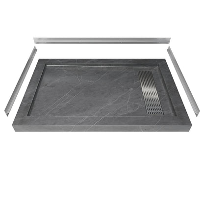 Shower Pan, with Linear Drain Cover and Reversible Drain, Pre-Sloped Acrylic and Fiberglass Shower Base with Removable Flanges, Gray Marble