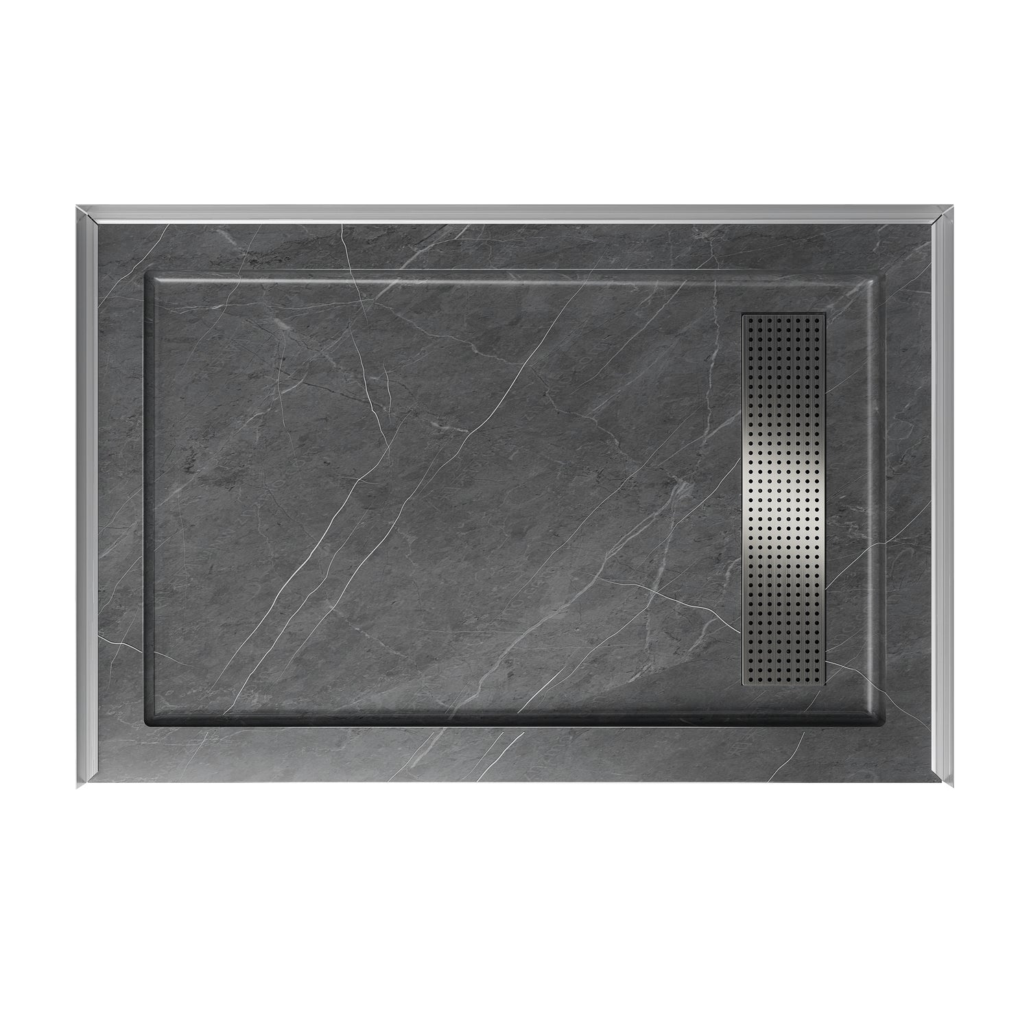 Shower Pan, with Linear Drain Cover and Reversible Drain, Pre-Sloped Acrylic and Fiberglass Shower Base with Removable Flanges, Gray Marble