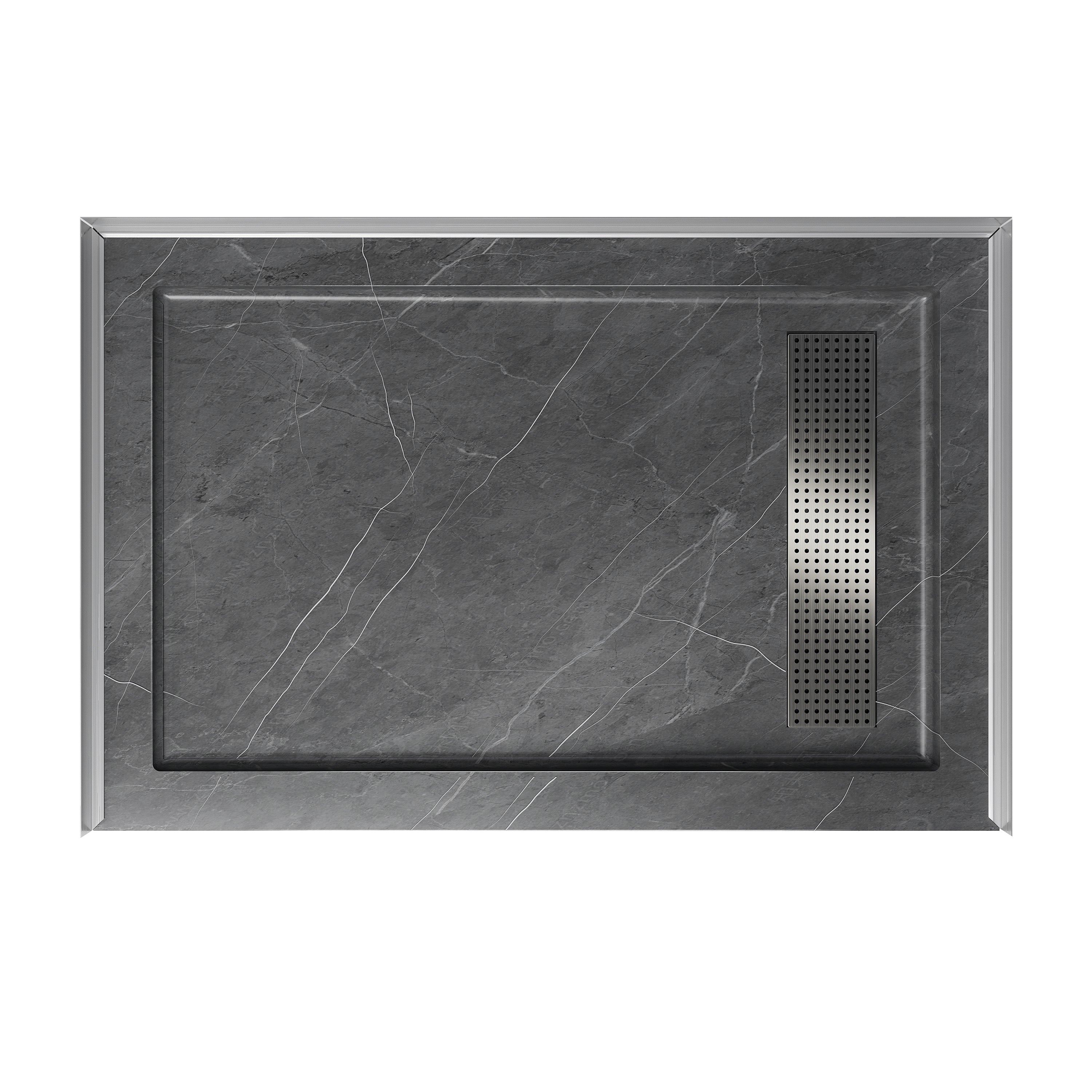 Shower Pan, with Linear Drain Cover and Reversible Drain, Pre-Sloped Acrylic and Fiberglass Shower Base with Removable Flanges, Gray Marble