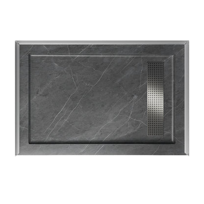 Shower Pan, with Linear Drain Cover and Reversible Drain, Pre-Sloped Acrylic and Fiberglass Shower Base with Removable Flanges, Gray Marble
