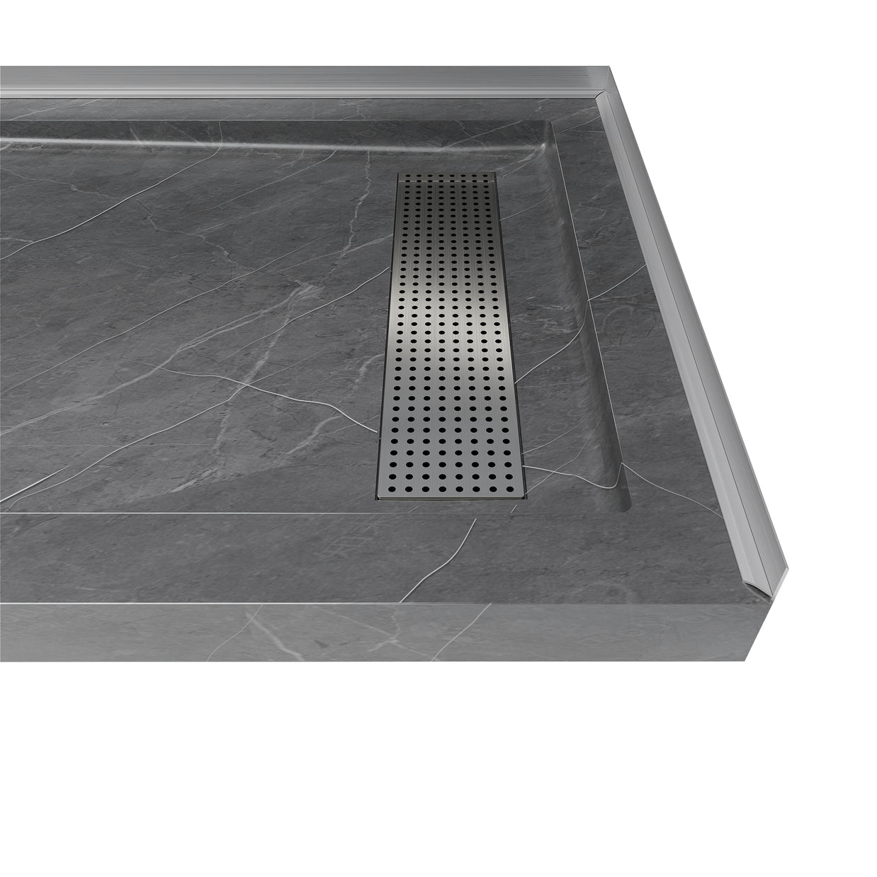Shower Pan, with Linear Drain Cover and Reversible Drain, Pre-Sloped Acrylic and Fiberglass Shower Base with Removable Flanges, Gray Marble