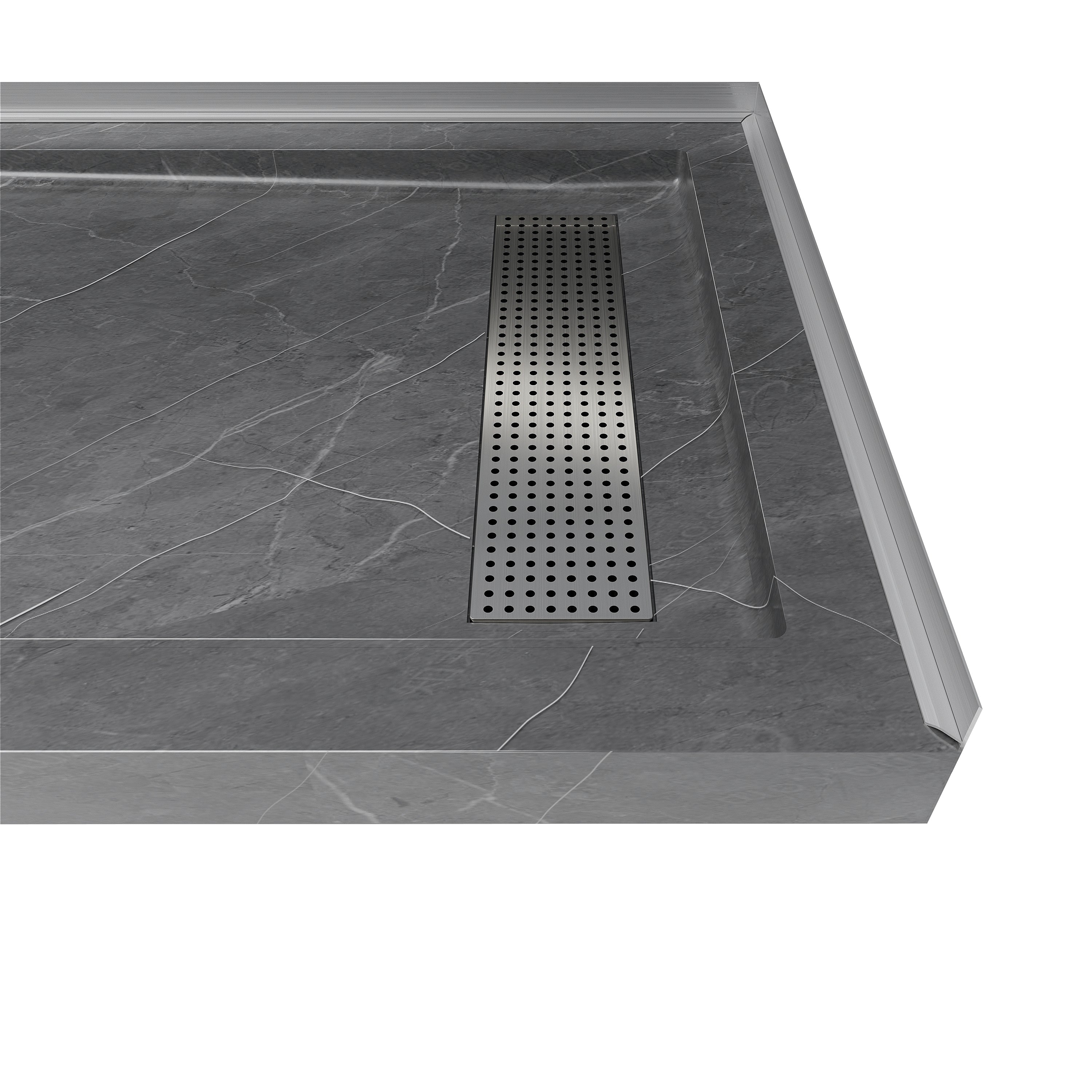 Shower Pan, with Linear Drain Cover and Reversible Drain, Pre-Sloped Acrylic and Fiberglass Shower Base with Removable Flanges, Gray Marble