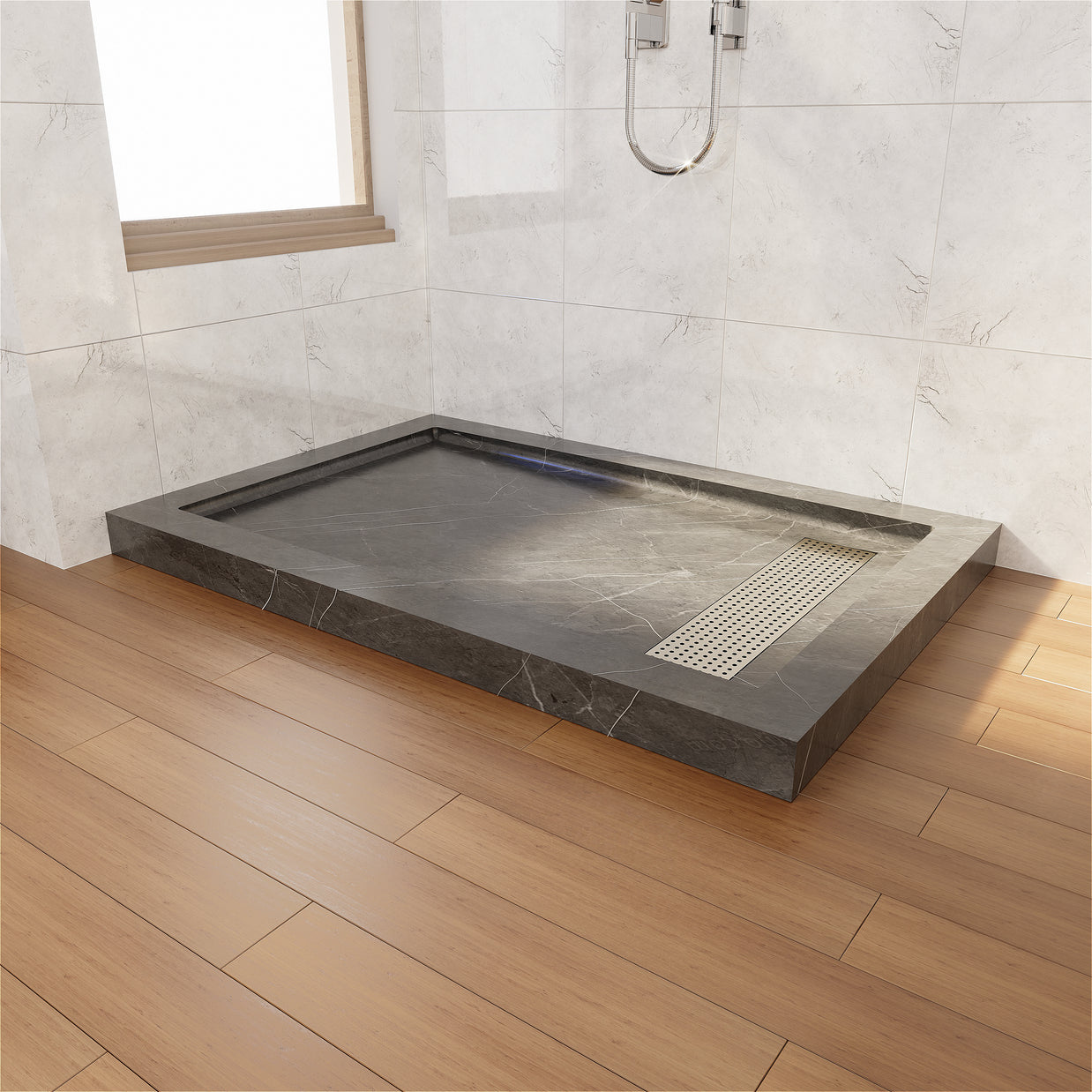 Shower Pan, with Linear Drain Cover and Reversible Drain, Pre-Sloped Acrylic and Fiberglass Shower Base with Removable Flanges, Gray Marble