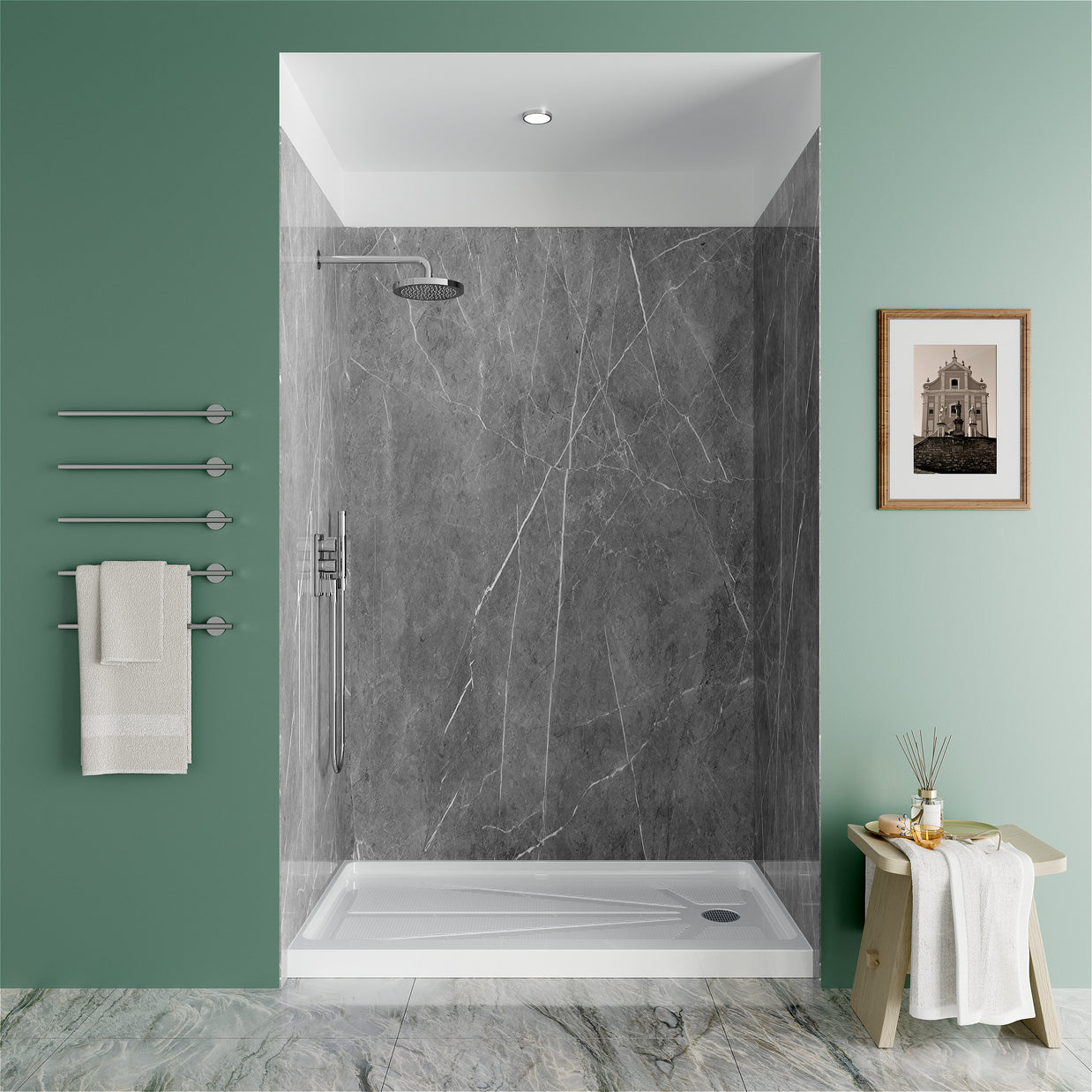 Jazz Gray Matte Acrylic Shower Wall Panels – 0.11in Thick, Includes Corner & Edge Trim, Waterproof & Low-Maintenance Bathroom Upgrade