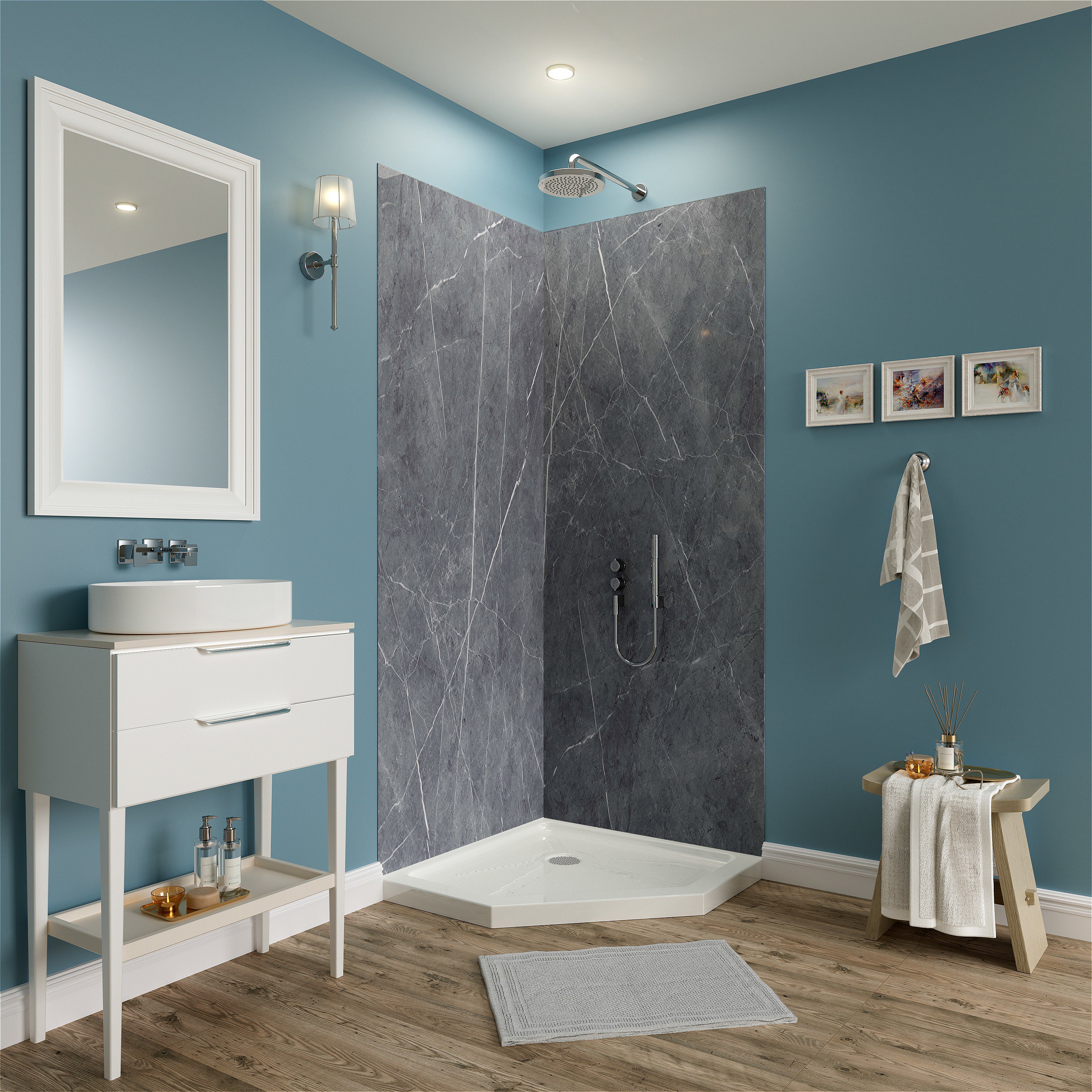 Jazz Gray Matte Acrylic Shower Wall Panels – 0.11in Thick, Includes Corner & Edge Trim, Waterproof & Low-Maintenance Bathroom Upgrade