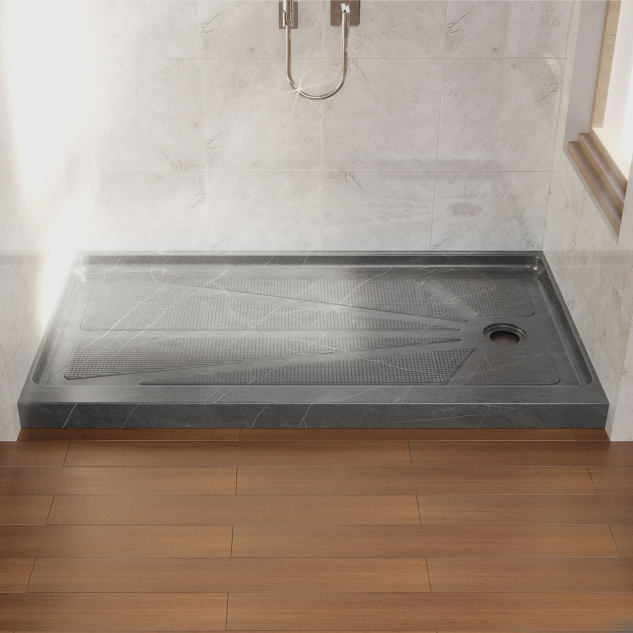 Single Threshold Shower Pan with Non-Slip Texture – Right Drain Acrylic and Fiberglass Shower Pan - Gray Marble Look