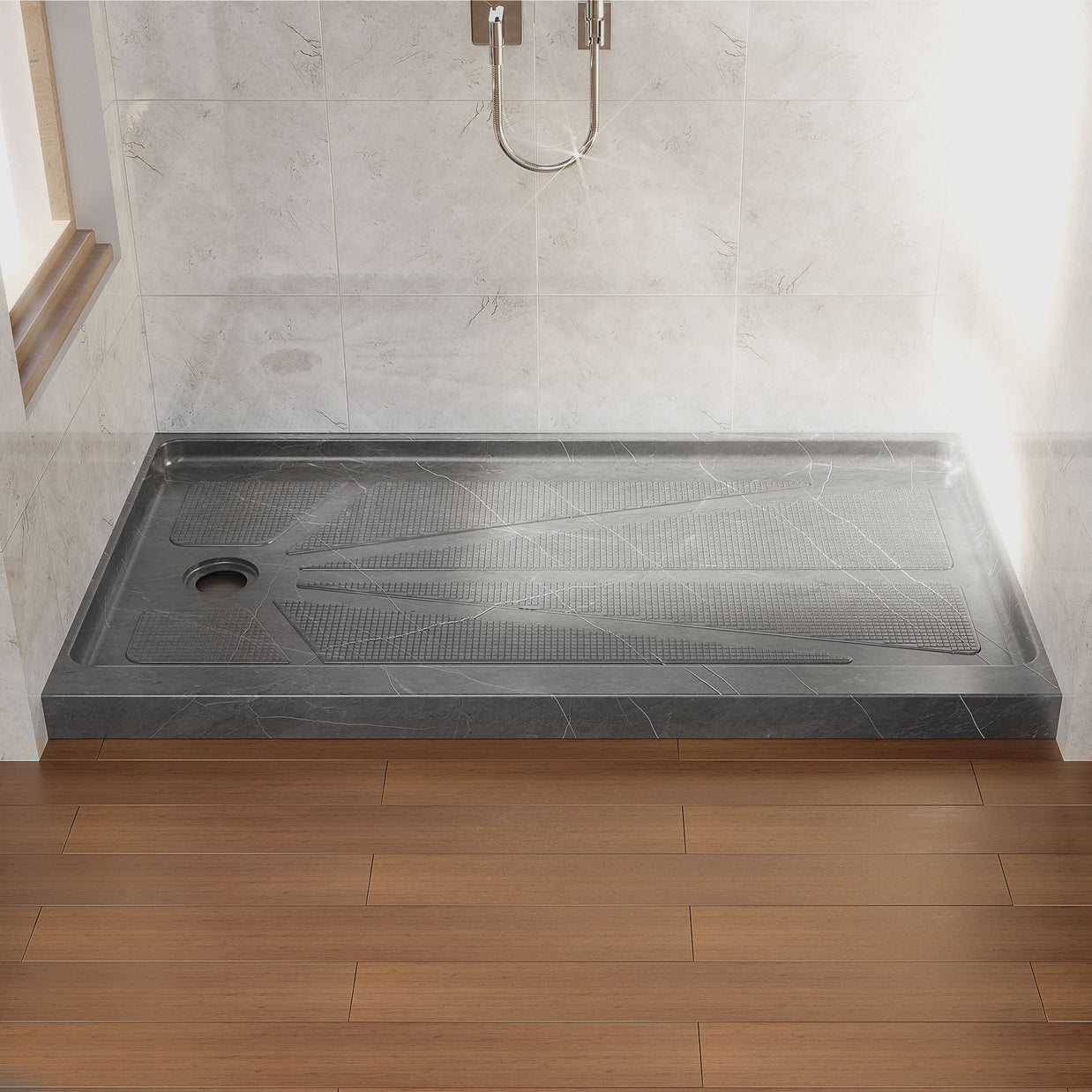 Single Threshold Shower Base – Left Side Drain, Acrylic & Fiberglass Composite, Standard 2” Drain Compatible – Gray Marble Look