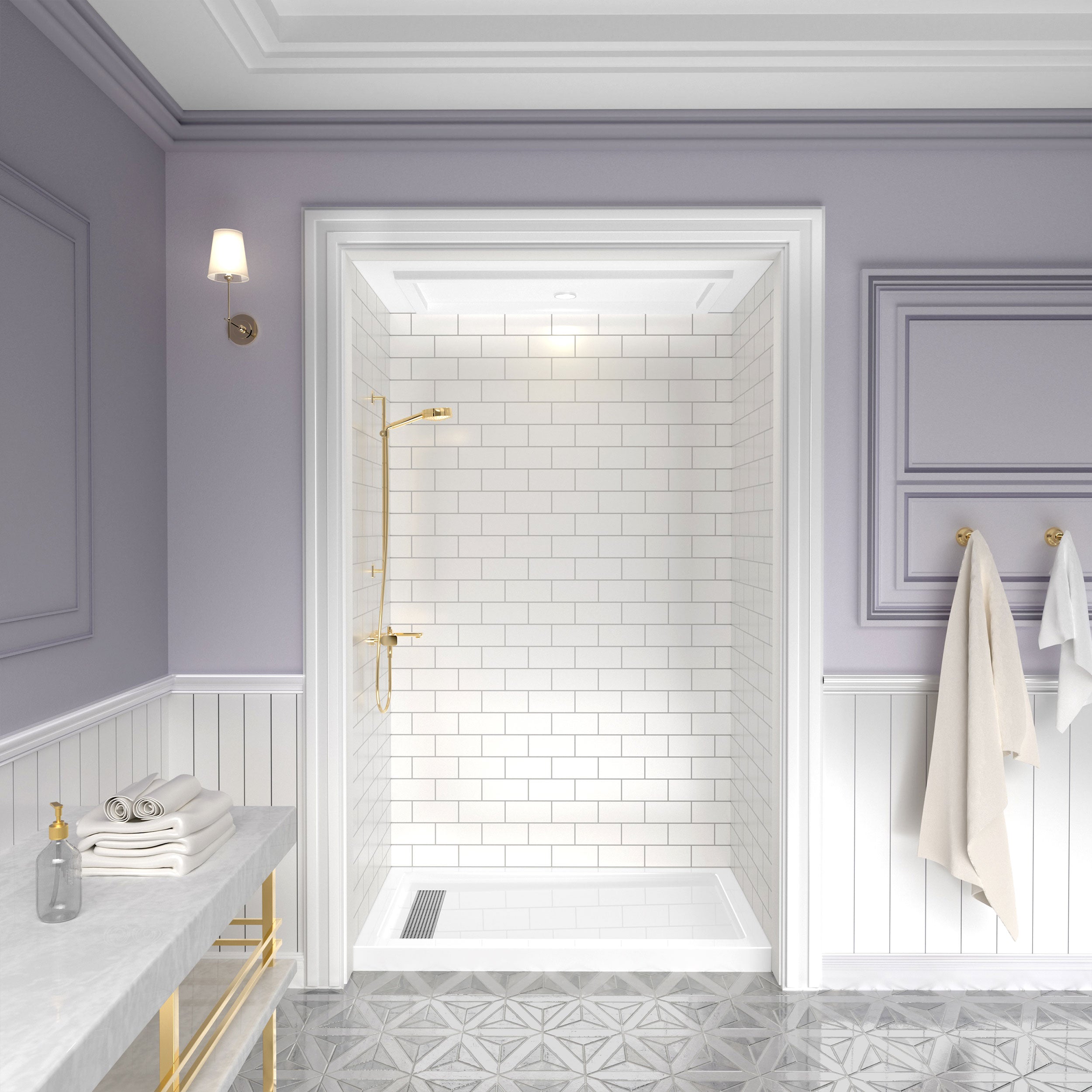 Shower Pan, with Linear Drain Cover and Reversible Drain, Pre-Sloped Acrylic and Fiberglass Shower Base with Removable Flanges, White