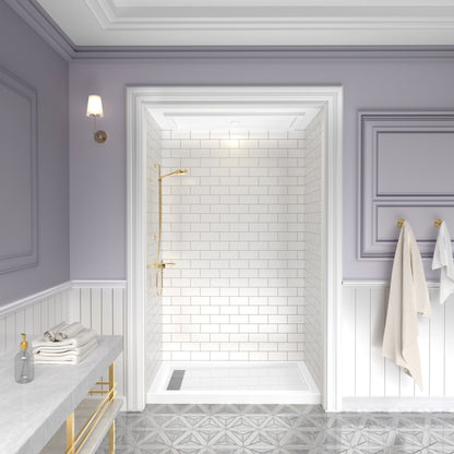 Shower Pan, with Linear Drain Cover and Reversible Drain, Pre-Sloped Acrylic and Fiberglass Shower Base with Removable Flanges, White