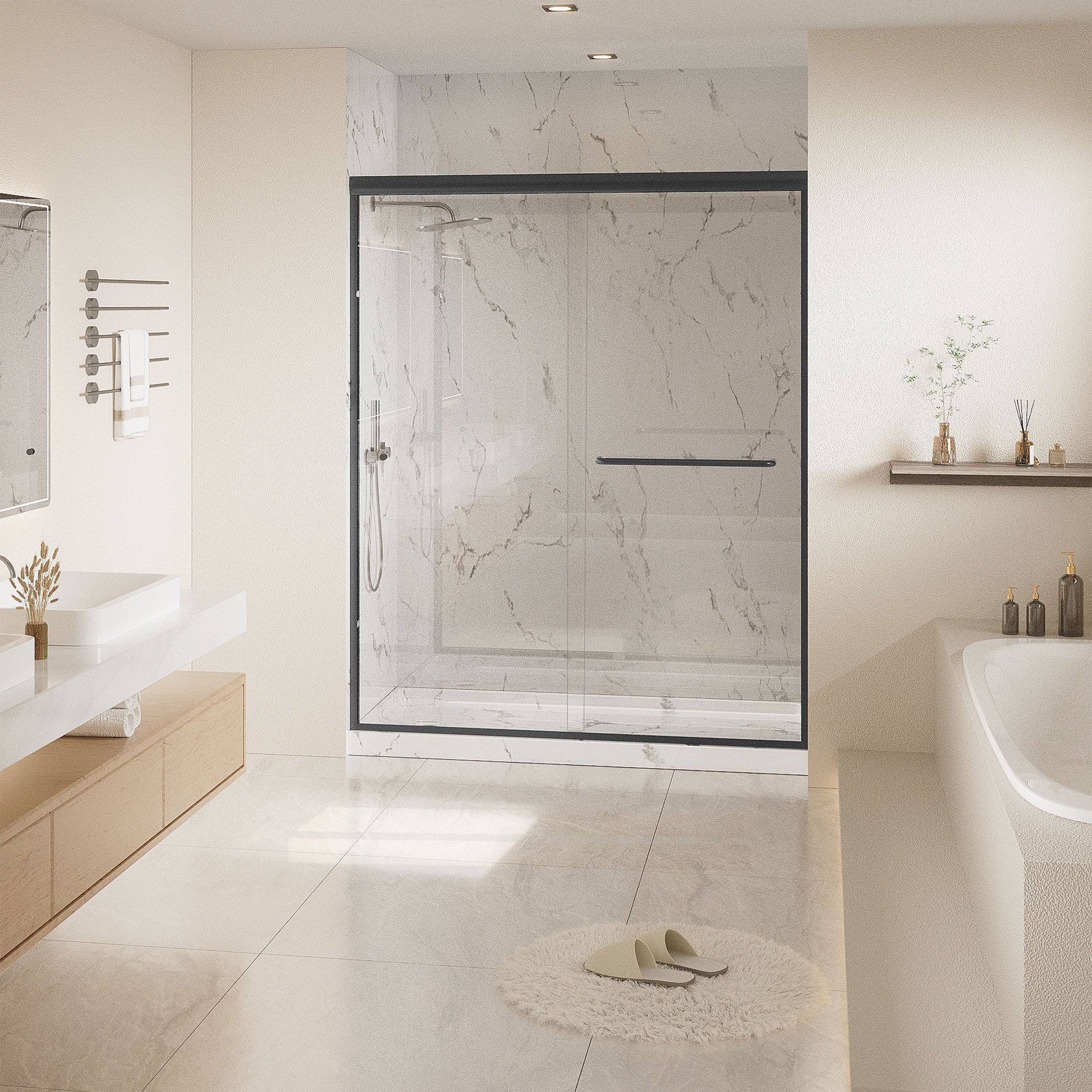 Single Threshold Shower Base with Non-Slip Texture – Left Drain Acrylic and Fiberglass Shower Pan - Carrara White