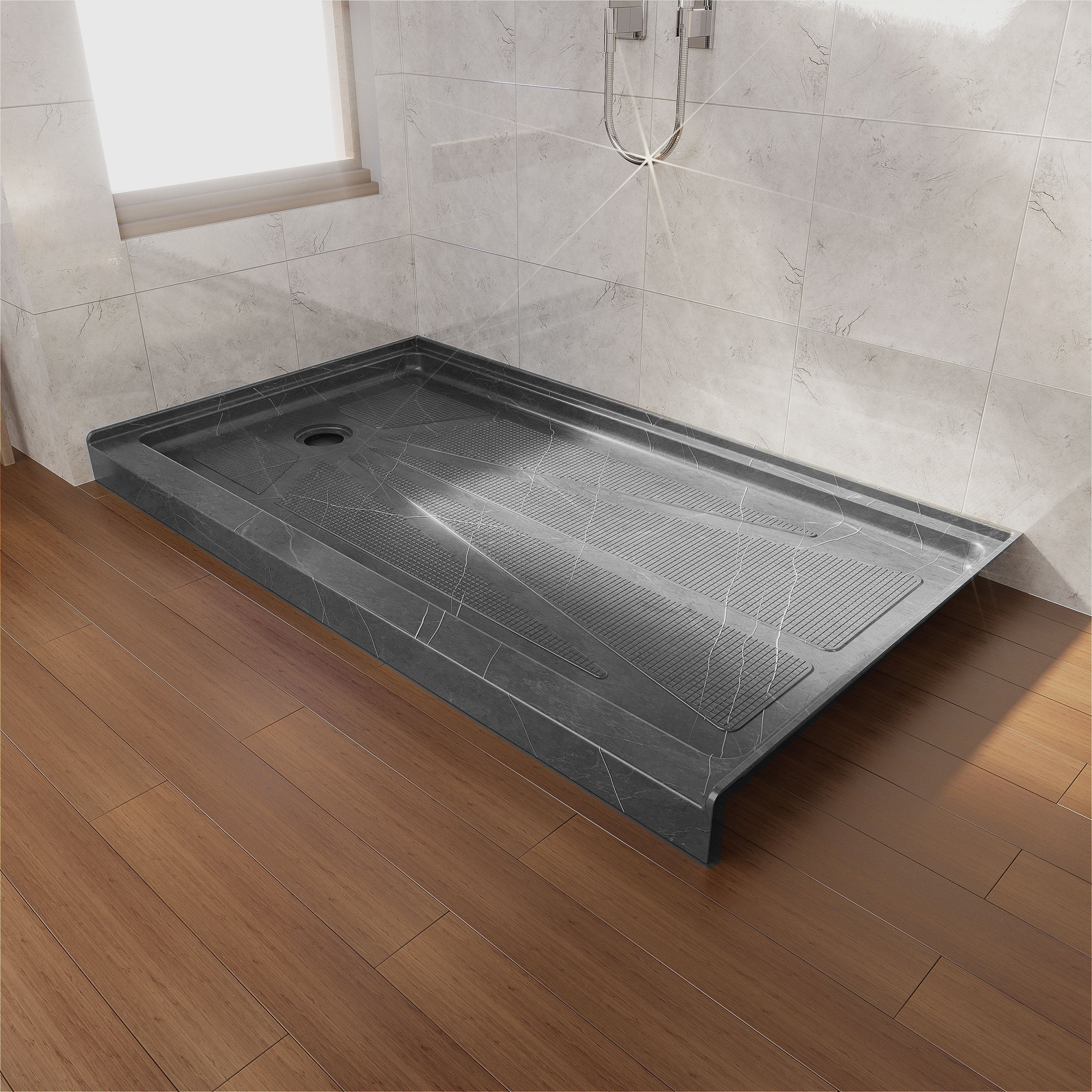 Single Threshold Shower Base – Left Side Drain, Acrylic & Fiberglass Composite, Standard 2” Drain Compatible – Gray Marble Look