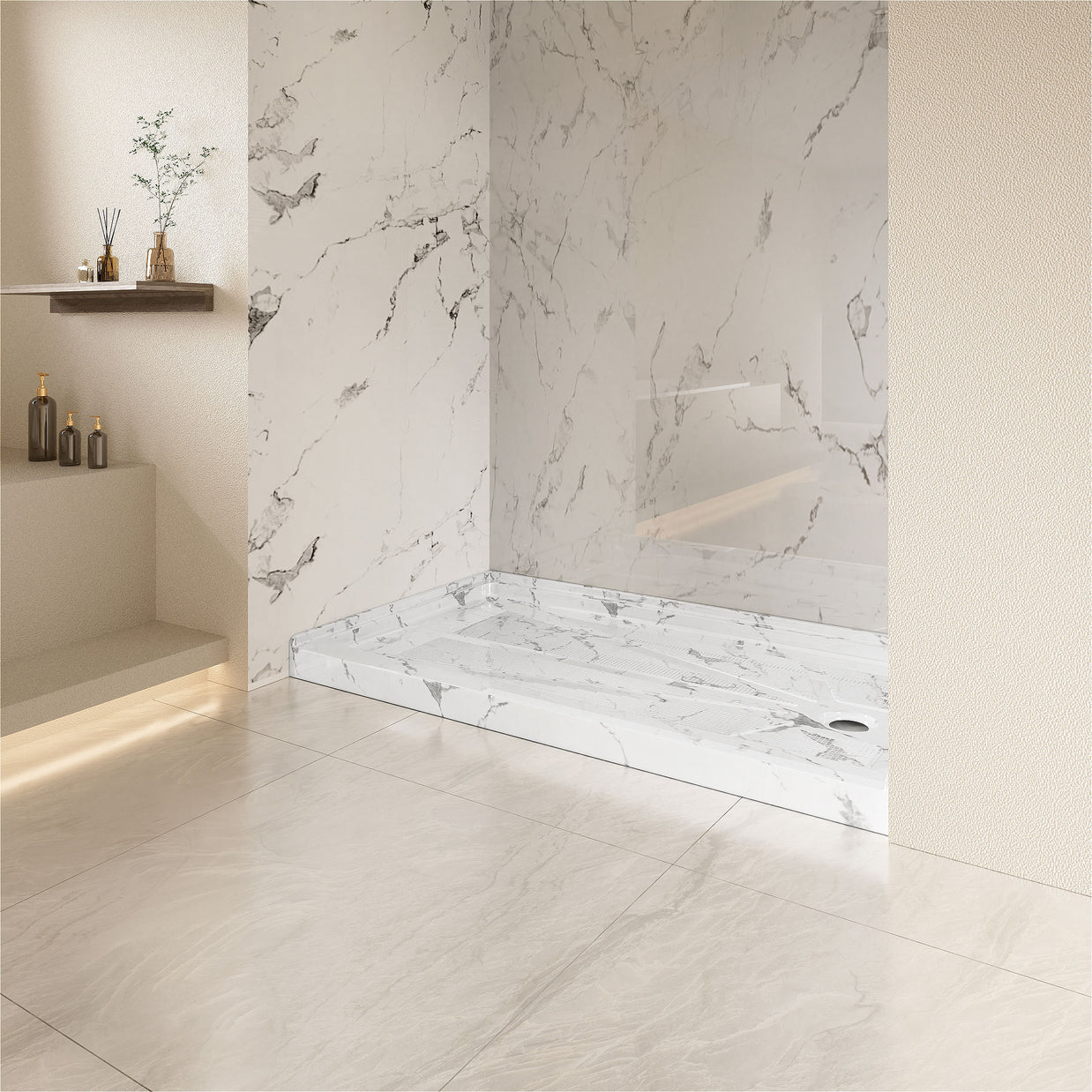 Single Threshold Shower Pan – Right Side Drain, Acrylic & Fiberglass Composite, Standard 2” Drain Compatible – Carrara White