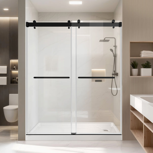 Frameless Double Sliding Shower Door with Soft-Closing, 3/8" ANSI Tempered Glass & Stainless Steel Towel Bars, Matte Black