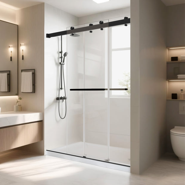 Frameless Double Sliding Shower Door with Soft-Closing, 3/8" ANSI Tempered Glass & Stainless Steel Towel Bars, Matte Black
