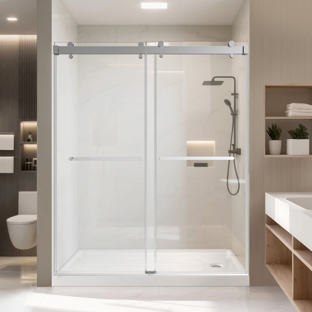 Frameless Double Sliding Shower Door with Soft-Closing, 3/8" ANSI Tempered Glass & Stainless Steel Towel Bars, Chrome