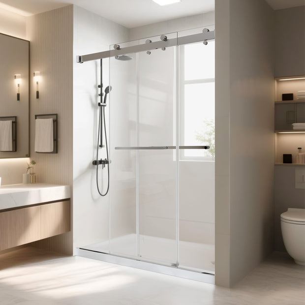 Frameless Double Sliding Shower Door with Soft-Closing, 3/8" ANSI Tempered Glass & Stainless Steel Towel Bars, Chrome