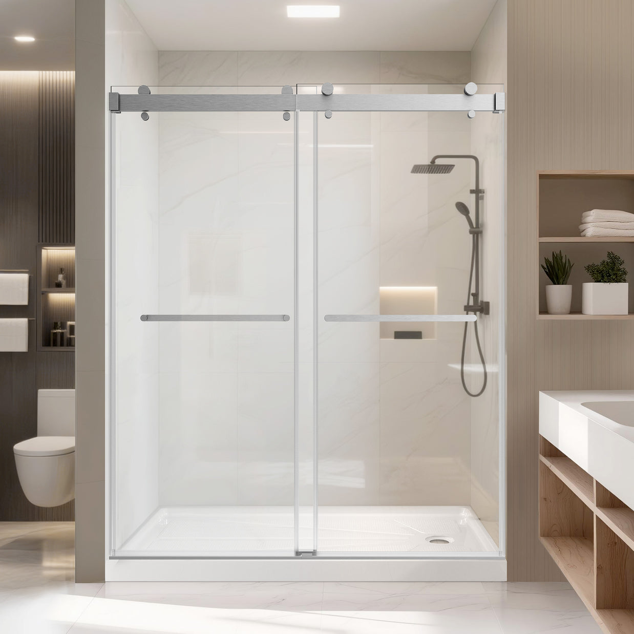Frameless Double Sliding Shower Door with Soft-Closing, 3/8" ANSI Tempered Glass & Stainless Steel Towel Bars, Brushed Nickel