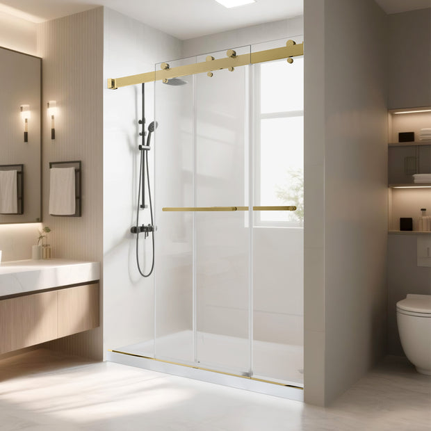 Frameless Double Sliding Shower Door with Soft-Closing, 3/8" ANSI Tempered Glass & Stainless Steel Towel Bars, Brushed Gold