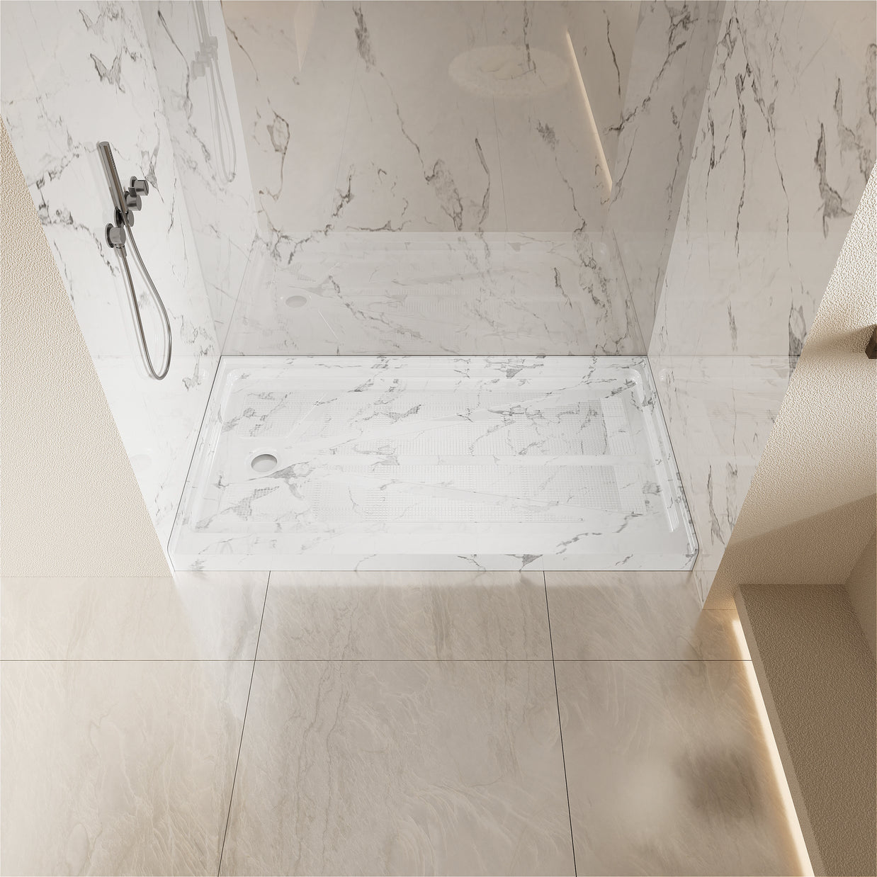 Single Threshold Shower Base with Non-Slip Texture – Left Drain Acrylic and Fiberglass Shower Pan - Carrara White
