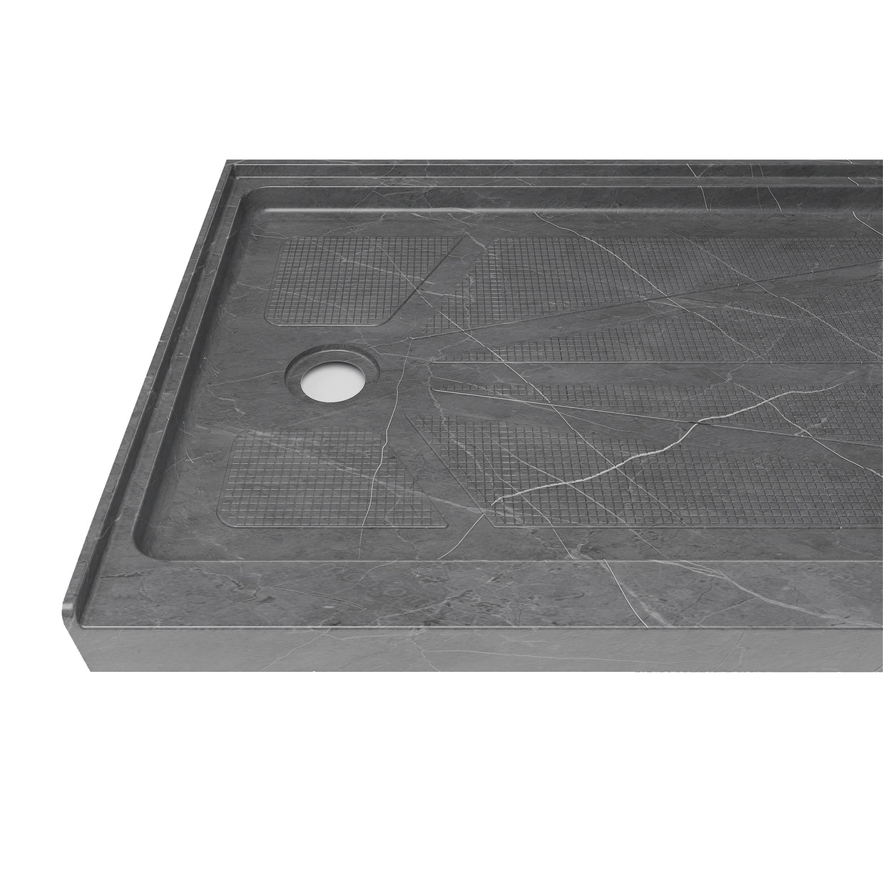 Single Threshold Shower Base – Left Side Drain, Acrylic & Fiberglass Composite, Standard 2” Drain Compatible – Gray Marble Look
