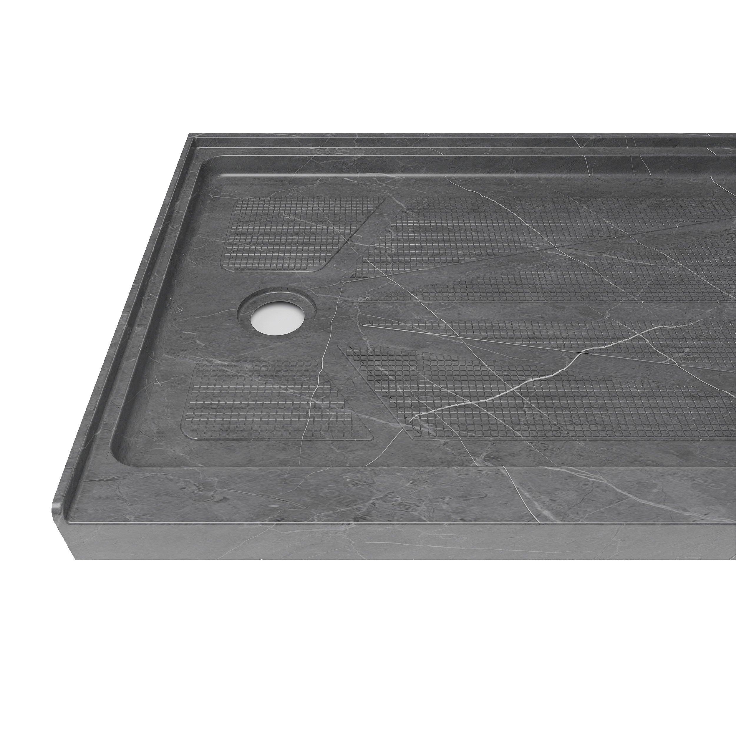 Single Threshold Shower Base – Left Side Drain, Acrylic & Fiberglass Composite, Standard 2” Drain Compatible – Gray Marble Look