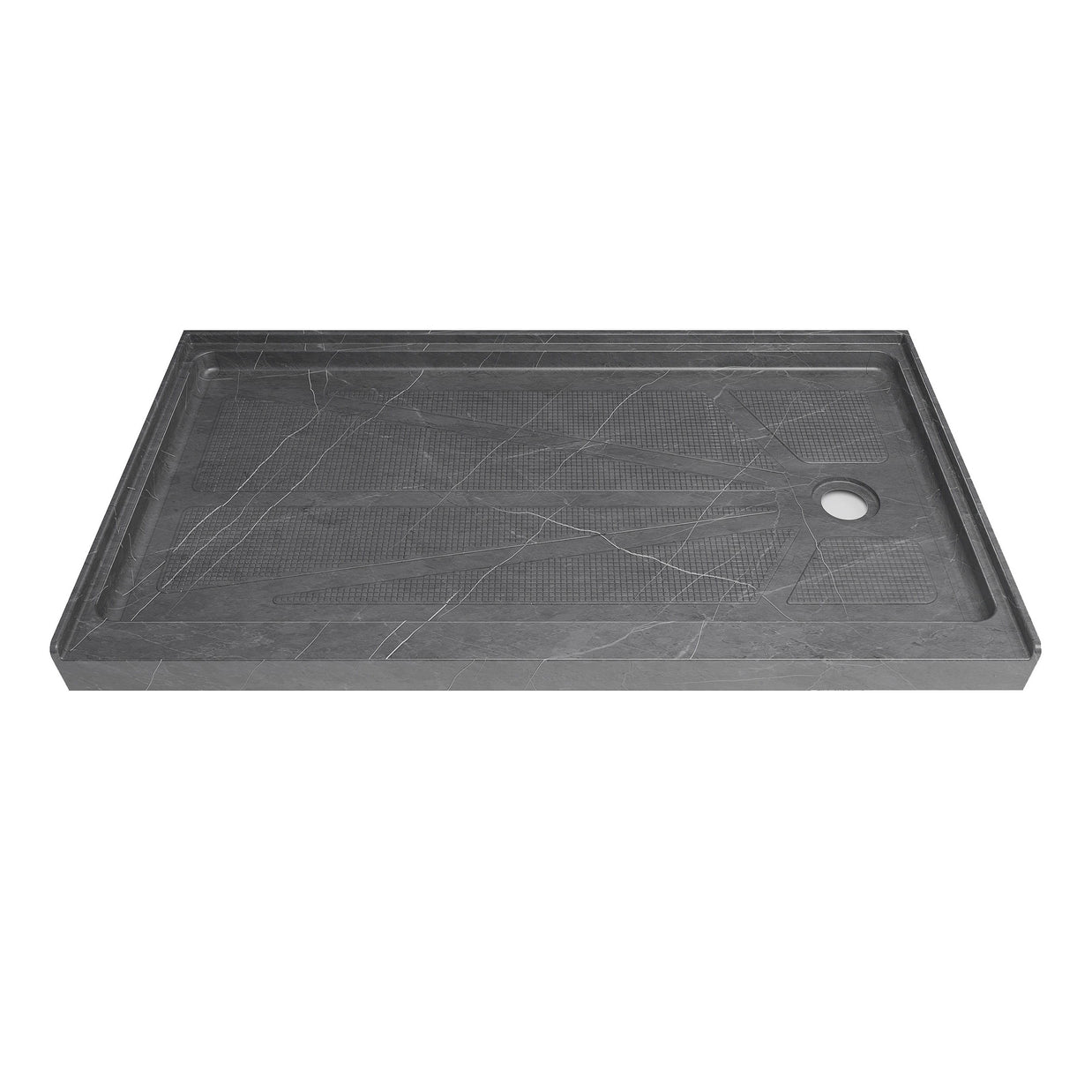 Single Threshold Shower Pan with Non-Slip Texture – Right Drain Acrylic and Fiberglass Shower Pan - Gray Marble Look