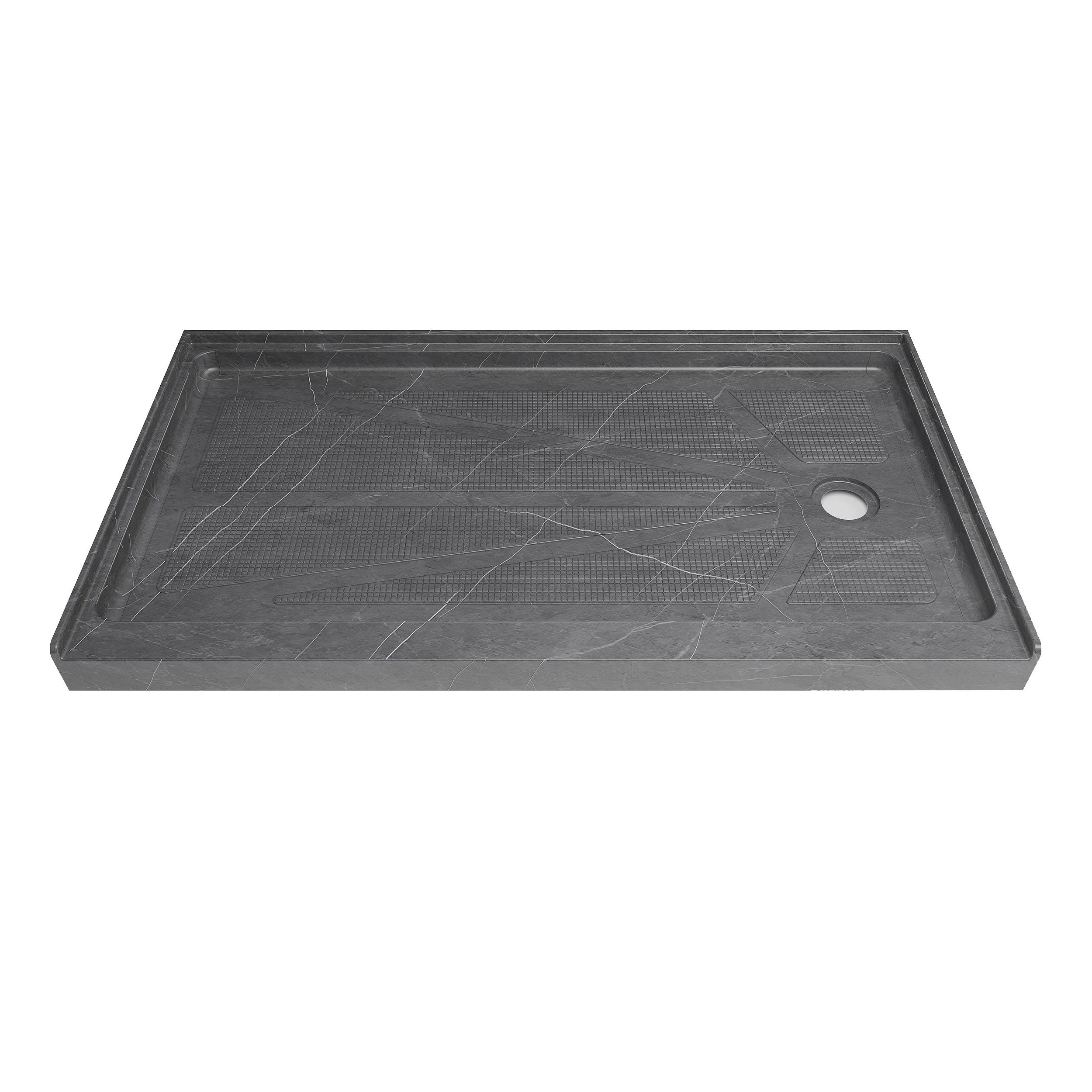 Single Threshold Shower Pan with Non-Slip Texture – Right Drain Acrylic and Fiberglass Shower Pan - Gray Marble Look