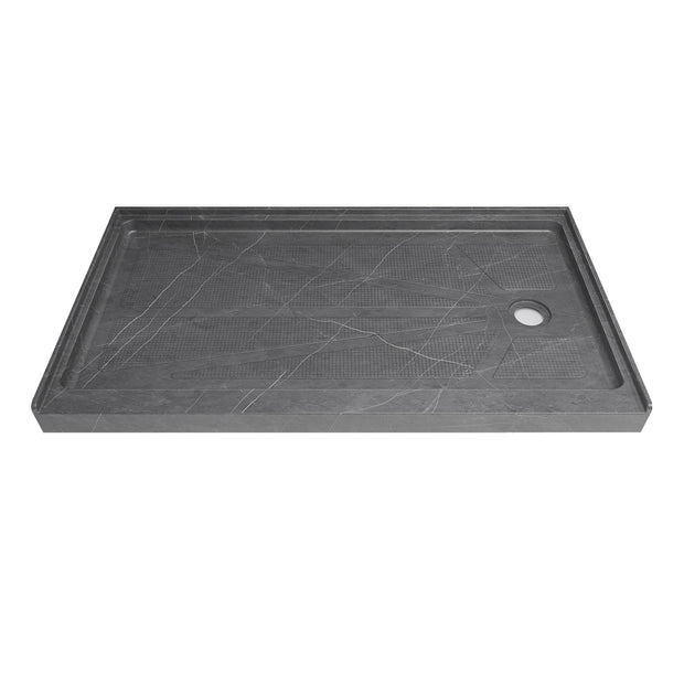 Single Threshold Shower Pan with Non-Slip Texture – Right Drain Acrylic and Fiberglass Shower Pan - Gray Marble Look