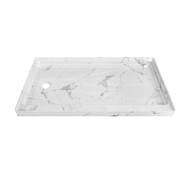 Single Threshold Shower Base with Non-Slip Texture – Left Drain Acrylic and Fiberglass Shower Pan - Carrara White