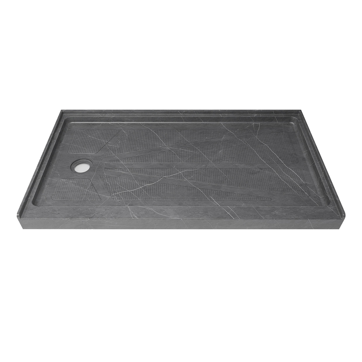 Single Threshold Shower Base – Left Side Drain, Acrylic & Fiberglass Composite, Standard 2” Drain Compatible – Gray Marble Look