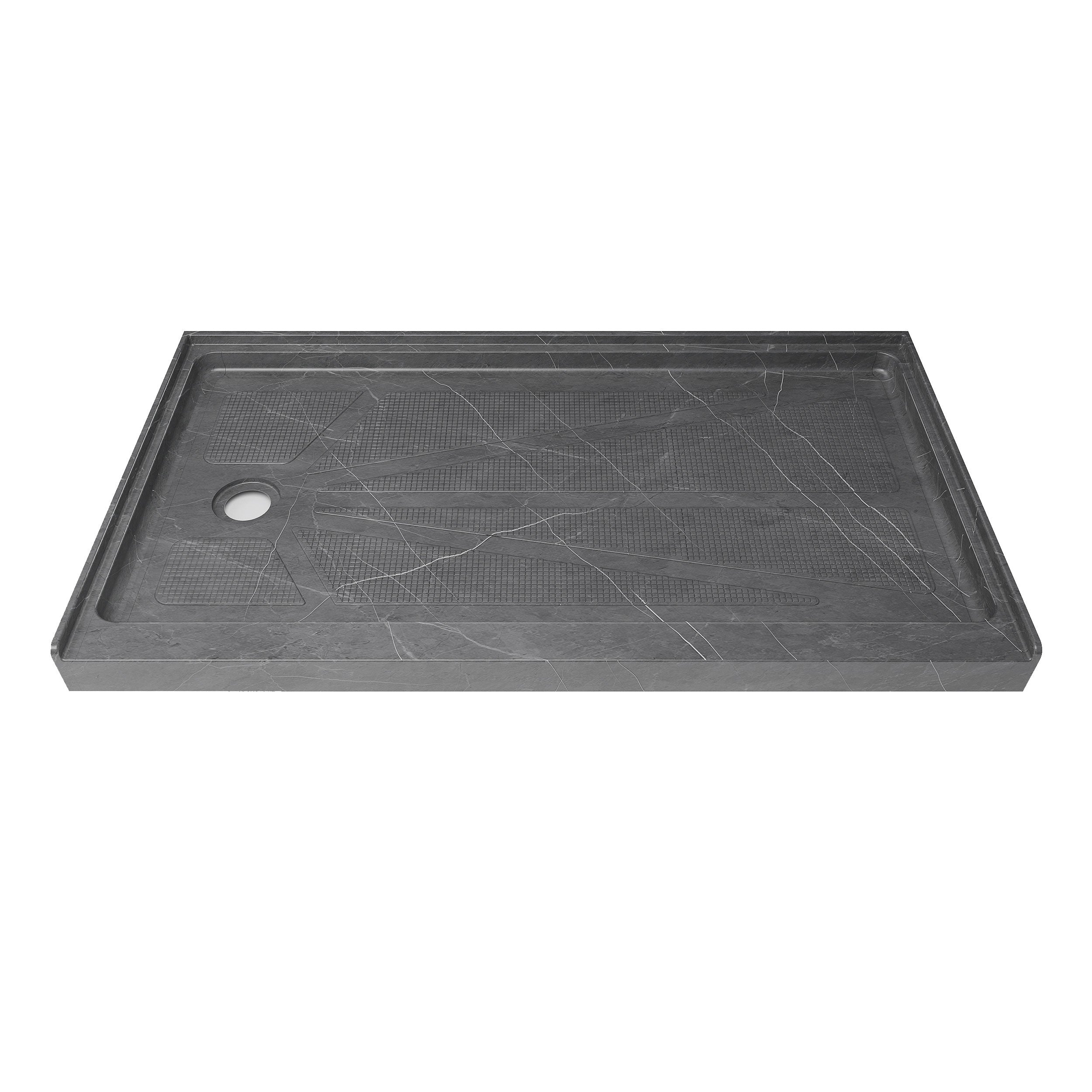Single Threshold Shower Base – Left Side Drain, Acrylic & Fiberglass Composite, Standard 2” Drain Compatible – Gray Marble Look