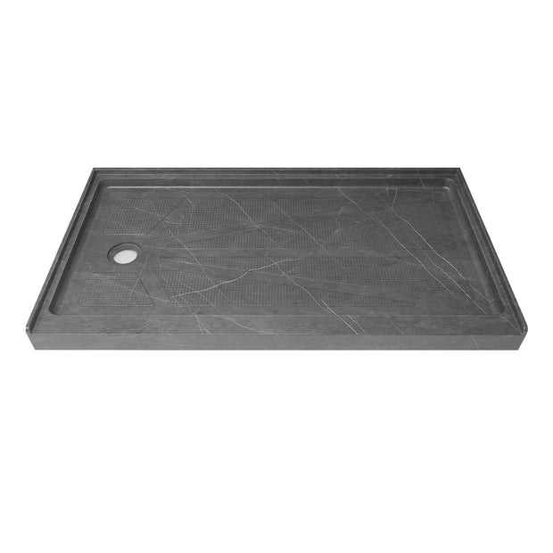 Single Threshold Shower Base – Left Side Drain, Acrylic & Fiberglass Composite, Standard 2” Drain Compatible – Gray Marble Look
