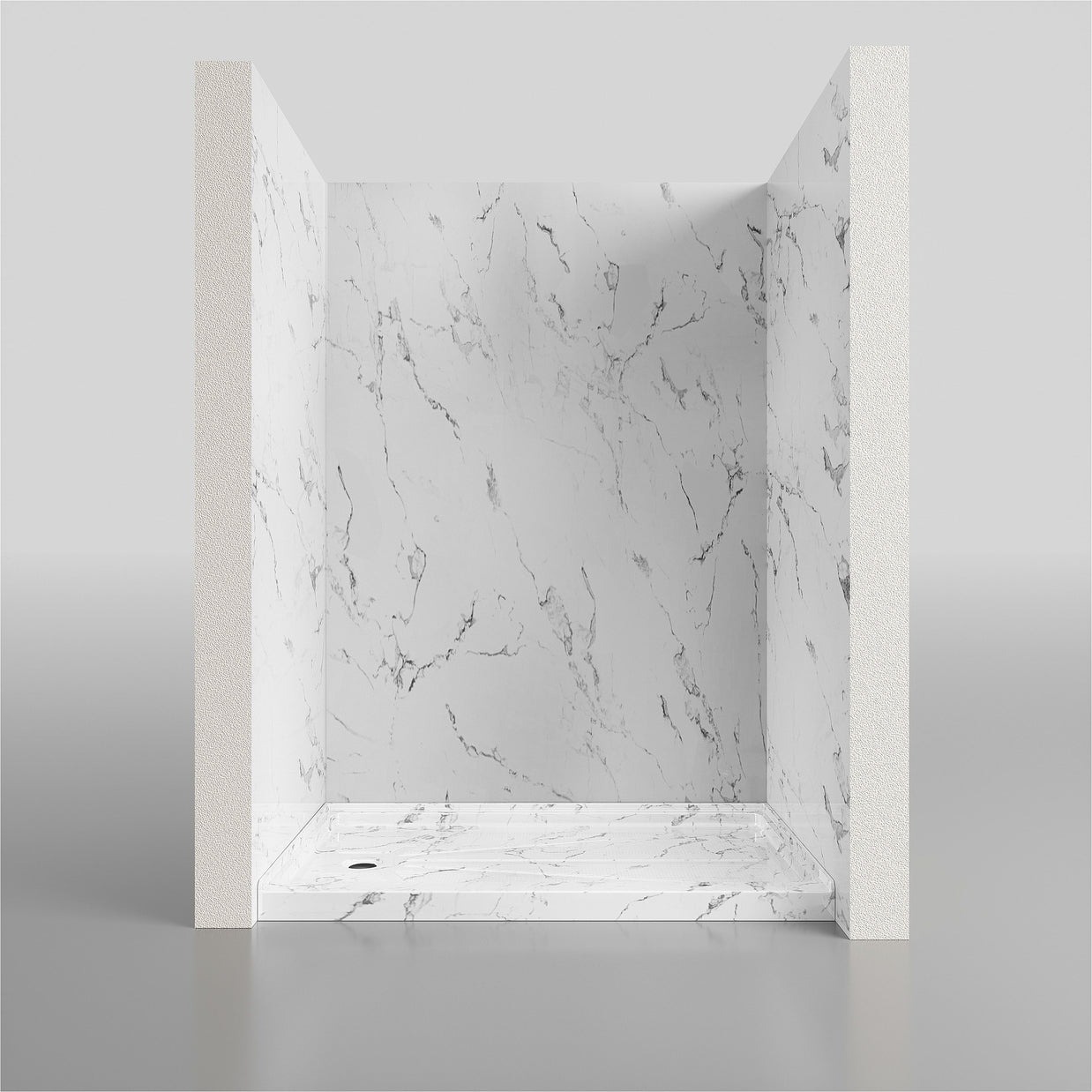 Single Threshold Shower Pan – Right Side Drain, Acrylic & Fiberglass Composite, Standard 2” Drain Compatible – Carrara White