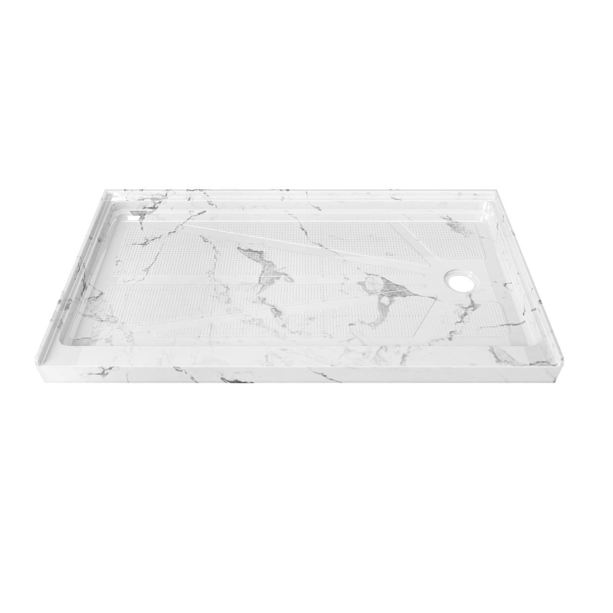 Single Threshold Shower Pan – Right Side Drain, Acrylic & Fiberglass Composite, Standard 2” Drain Compatible – Carrara White