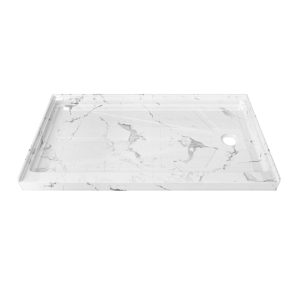 Single Threshold Shower Pan – Right Side Drain, Acrylic & Fiberglass Composite, Standard 2” Drain Compatible – Carrara White