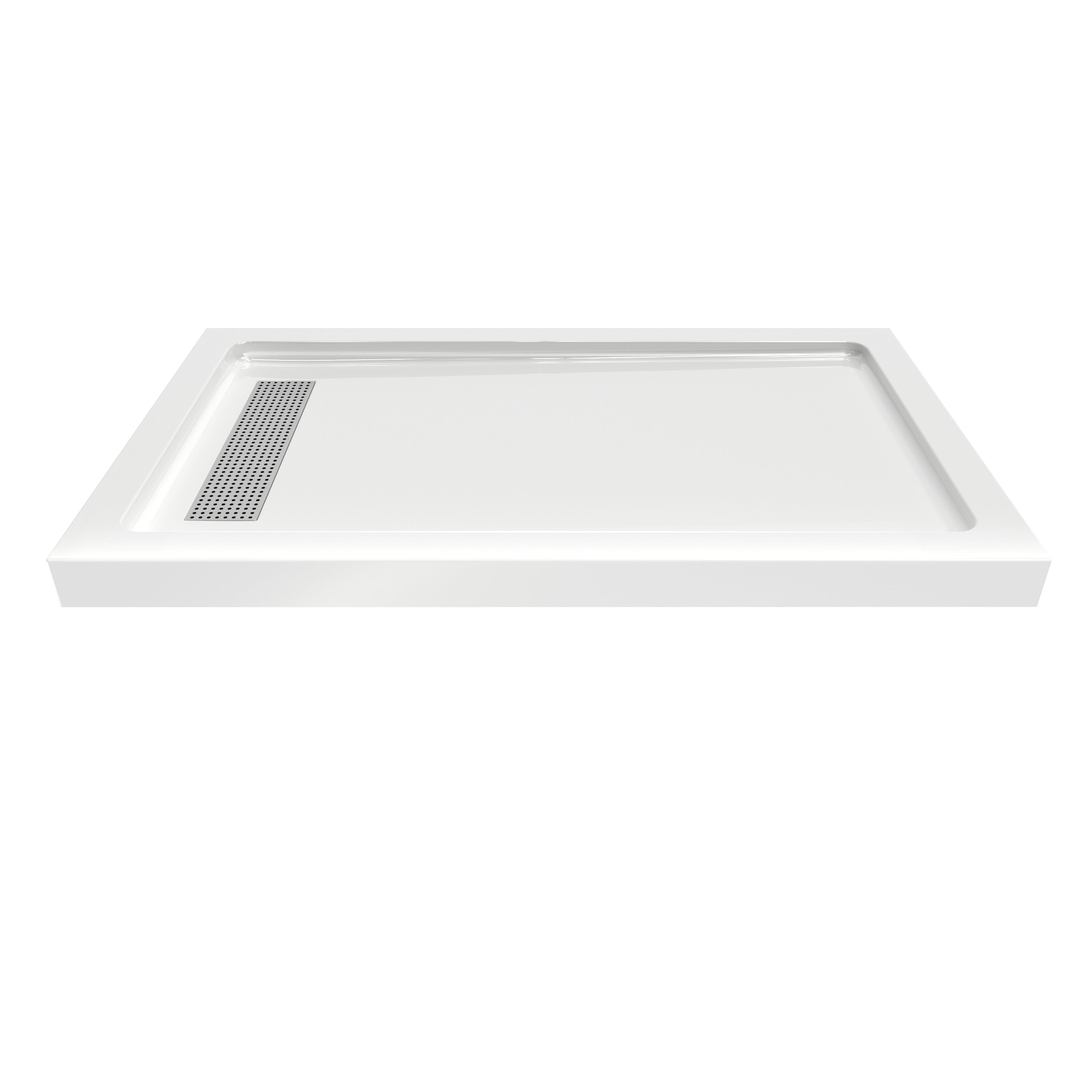 Shower Pan, with Linear Drain Cover and Reversible Drain, Pre-Sloped Acrylic and Fiberglass Shower Base with Removable Flanges, White