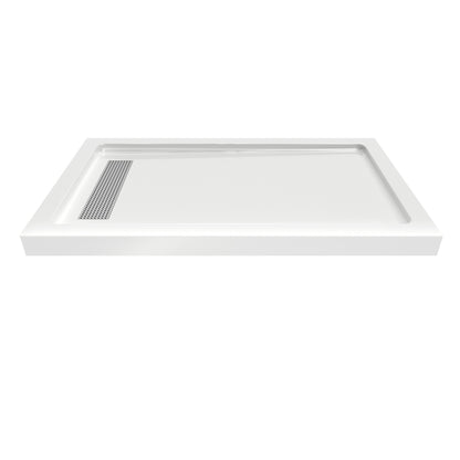 Shower Pan, with Linear Drain Cover and Reversible Drain, Pre-Sloped Acrylic and Fiberglass Shower Base with Removable Flanges, White