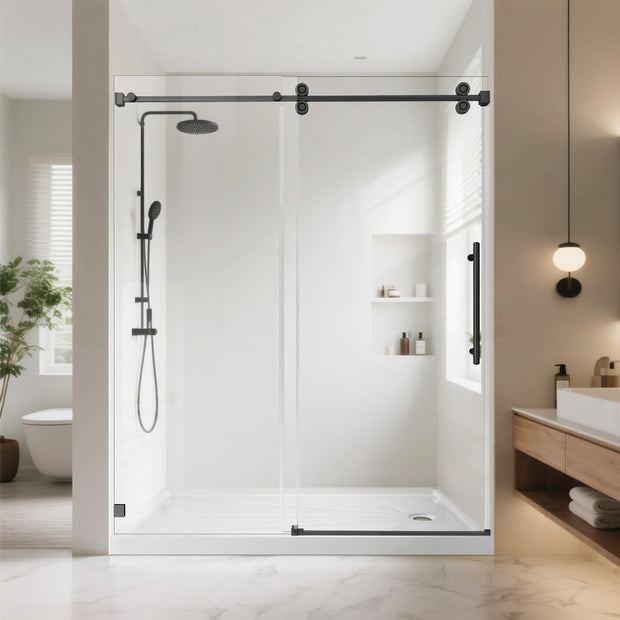 Frameless Single Sliding Shower Door, 3/8" ANSI Tempered Glass & Stainless Steel Towel Bar, Reversible Installation, Matte Black