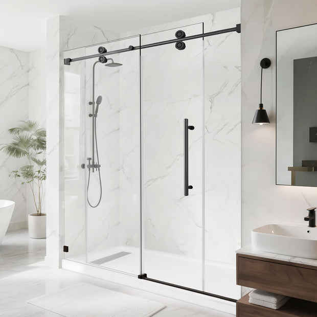 Frameless Single Sliding Shower Door, 3/8" ANSI Tempered Glass & Stainless Steel Towel Bar, Reversible Installation, Matte Black